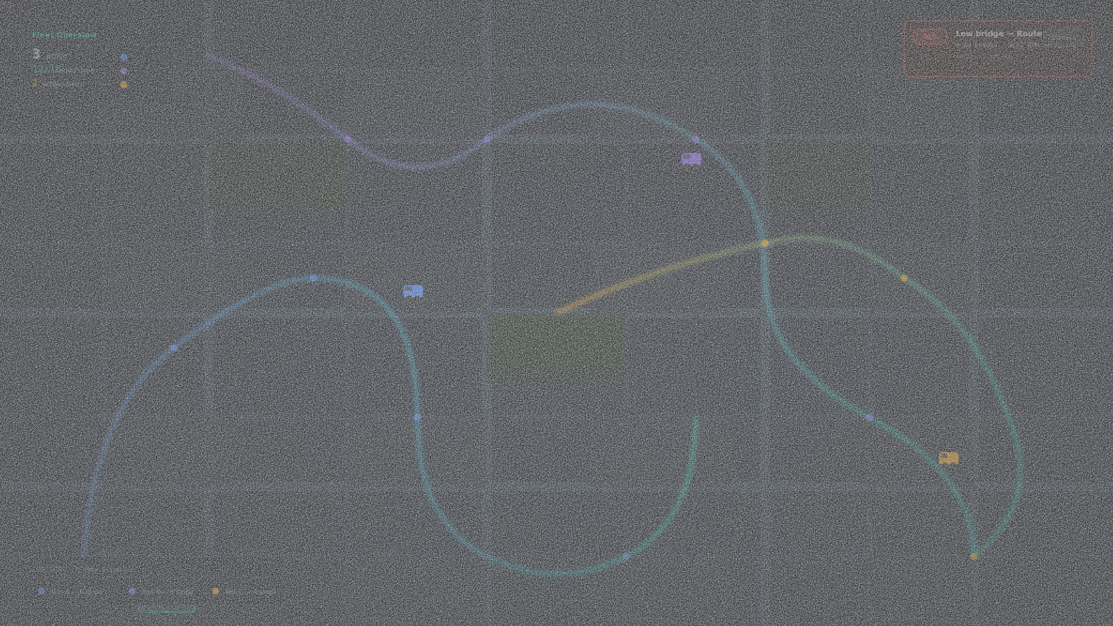 MJ Maps — aerial fleet view with live teal routes across UK roads